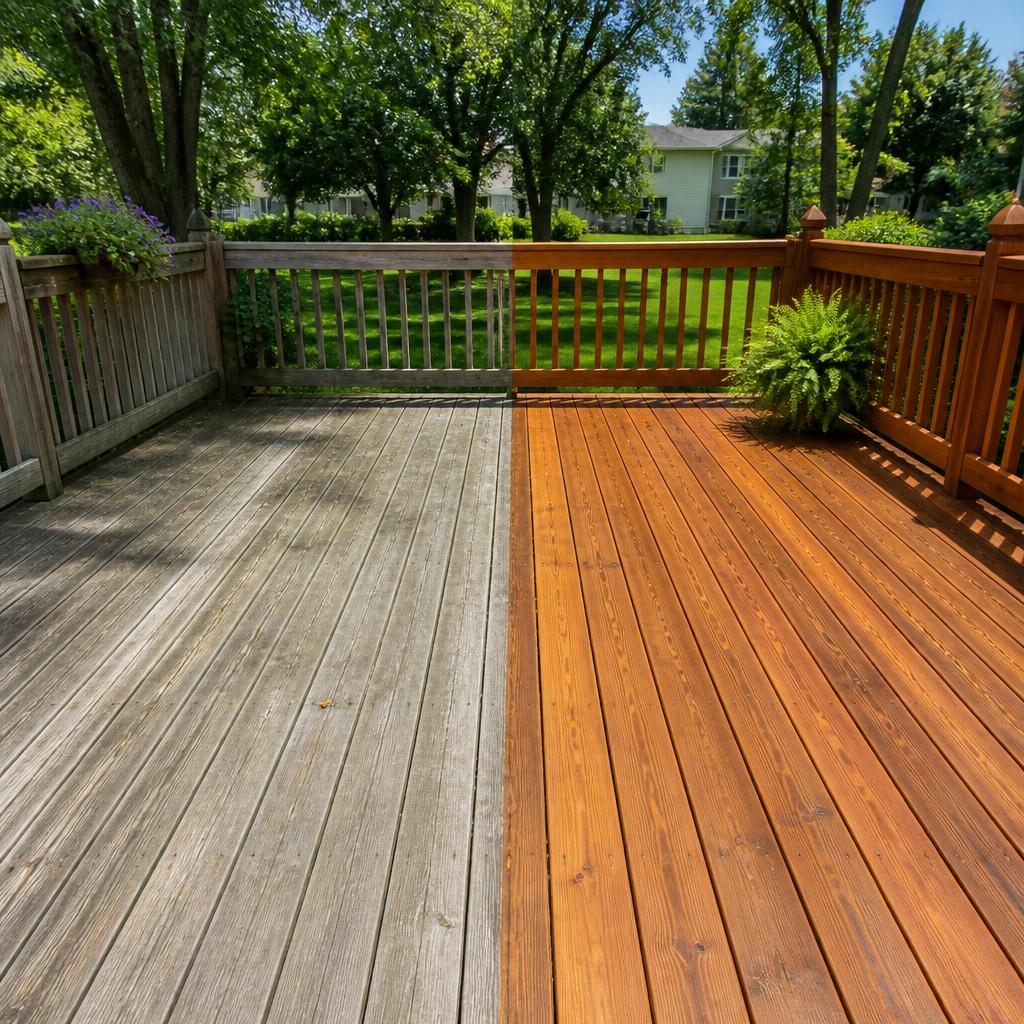 Before and after of a gray weathered wood deck cleaned and stained warm brown