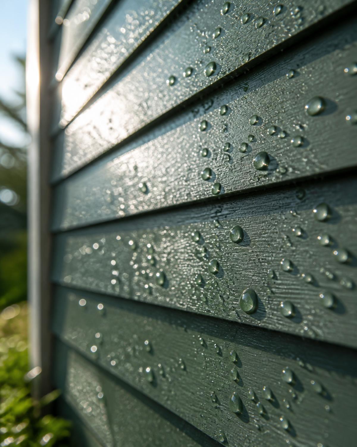 Water beading on freshly soft-washed dark green house siding after a Bay Line pressure washing service